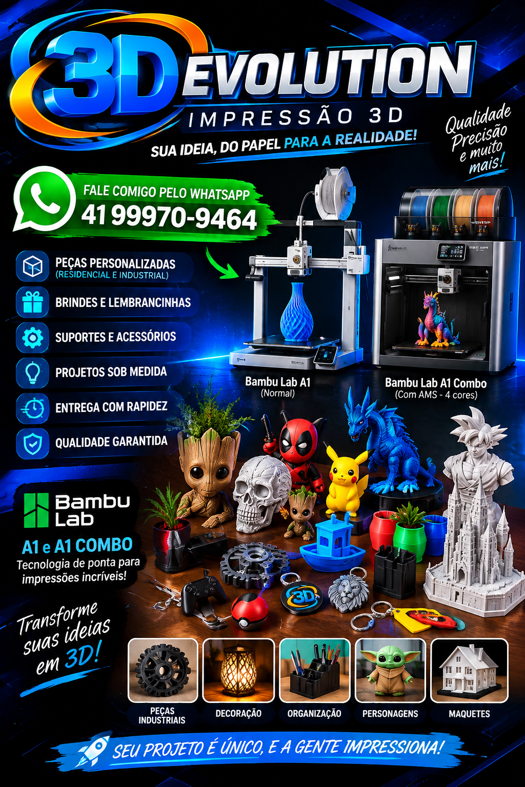 Arte promocional da 3D Evolution com impressoras 3D e exemplos de peças impressas